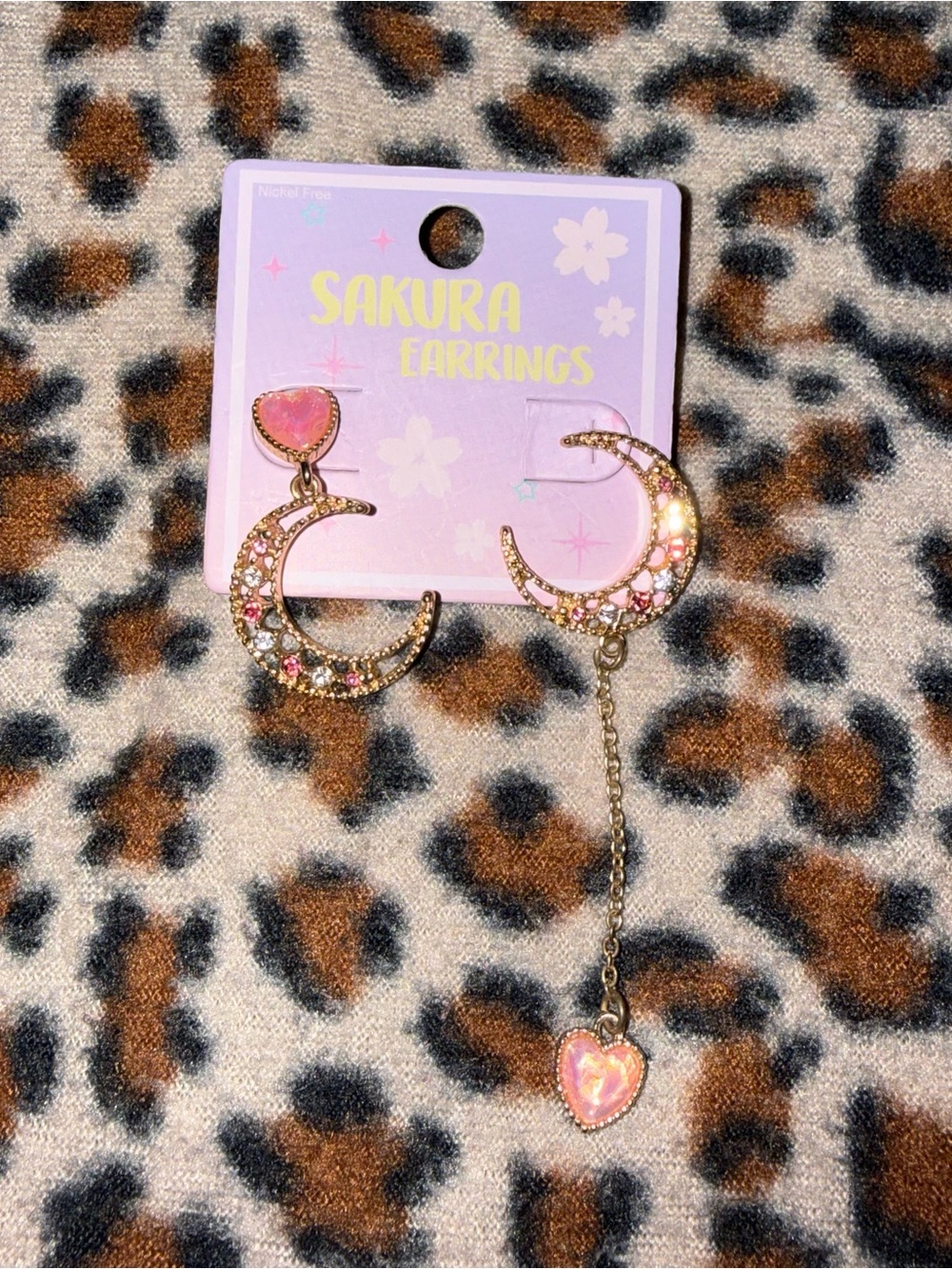 Sakura Pink & Gold Crescent Moon & Heart Mismatch Earrings Preowned